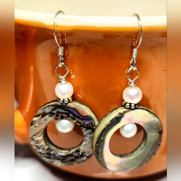 PriscillaJewels Jewelry - 925 Sterling Silver Abalone Hoop Earrings NWT